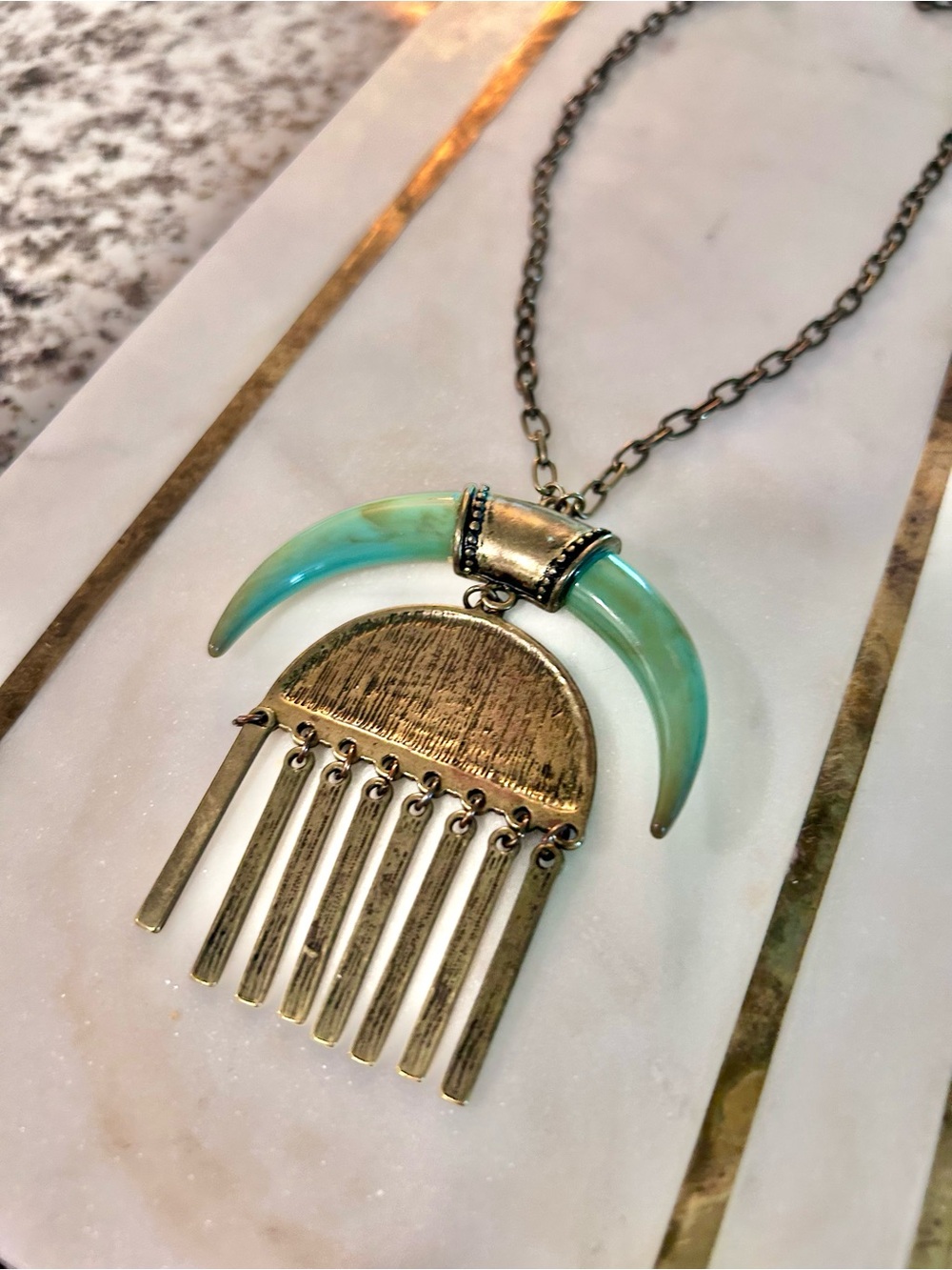 Boho Crescent & Metal Necklace - Green Turquoise Color & Antique Gold Tone